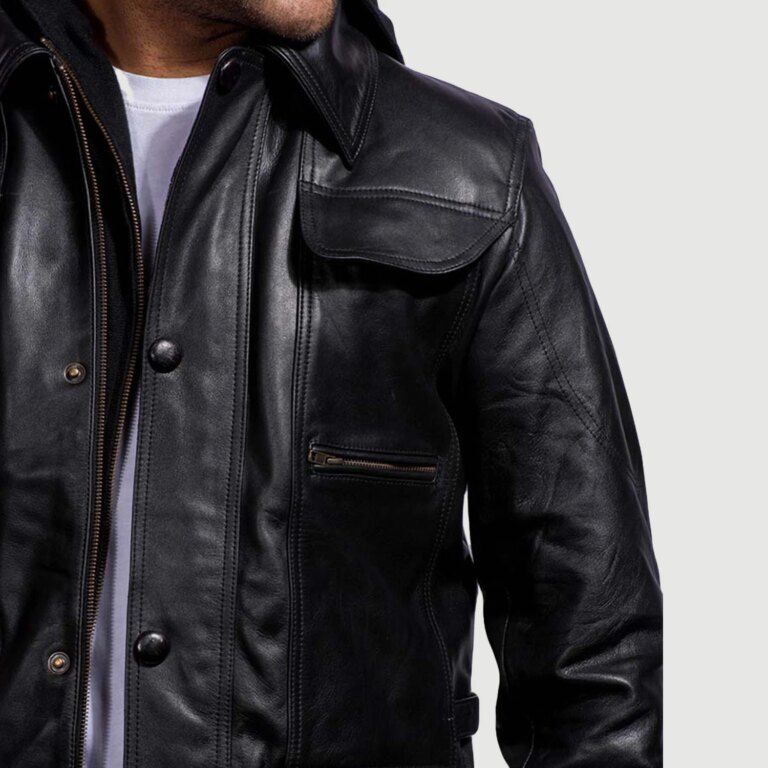 Mens Moulder Hooded Black Leather Jacket Close-Up-9-1718119439273